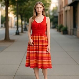 Faded Glory Ladies Summer Dress Size Large 12-14 Red Orange Striped Lightweight